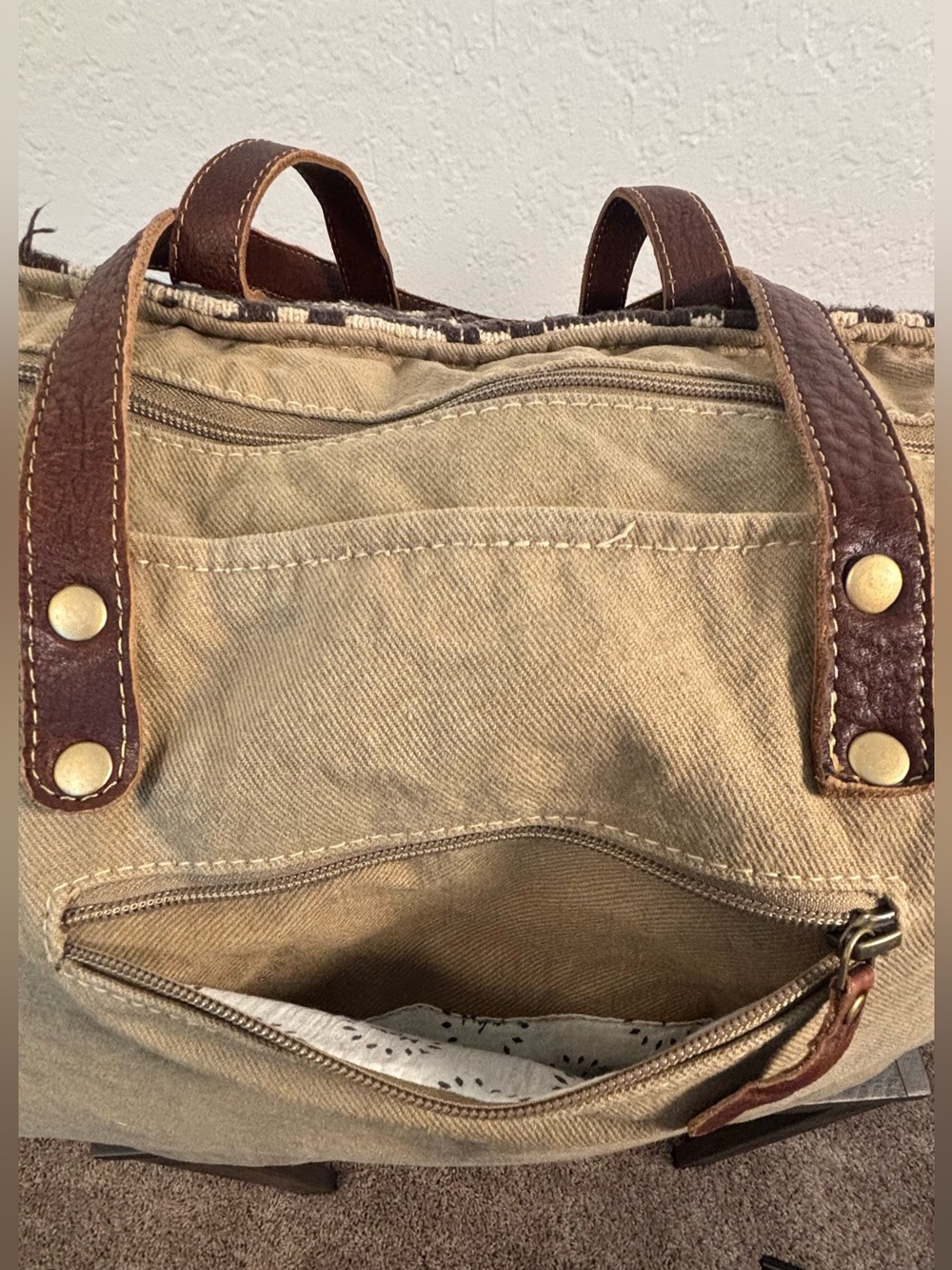 Myra Bag Large Brown Patterned Tote Bag Leather Handles Cowboy Western Travel - Picture 10 of 14